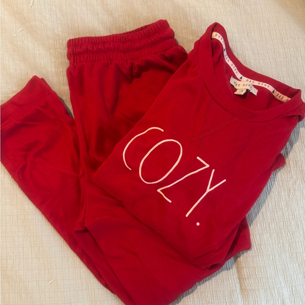 Rae Dunn Red Fleece Pullover. 2 piece jogger set.